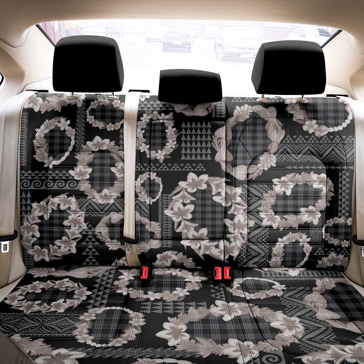 Hawaiian Leis Back Car Seat Cover Kakau Tattoos and Palaka Pastel Grayscale