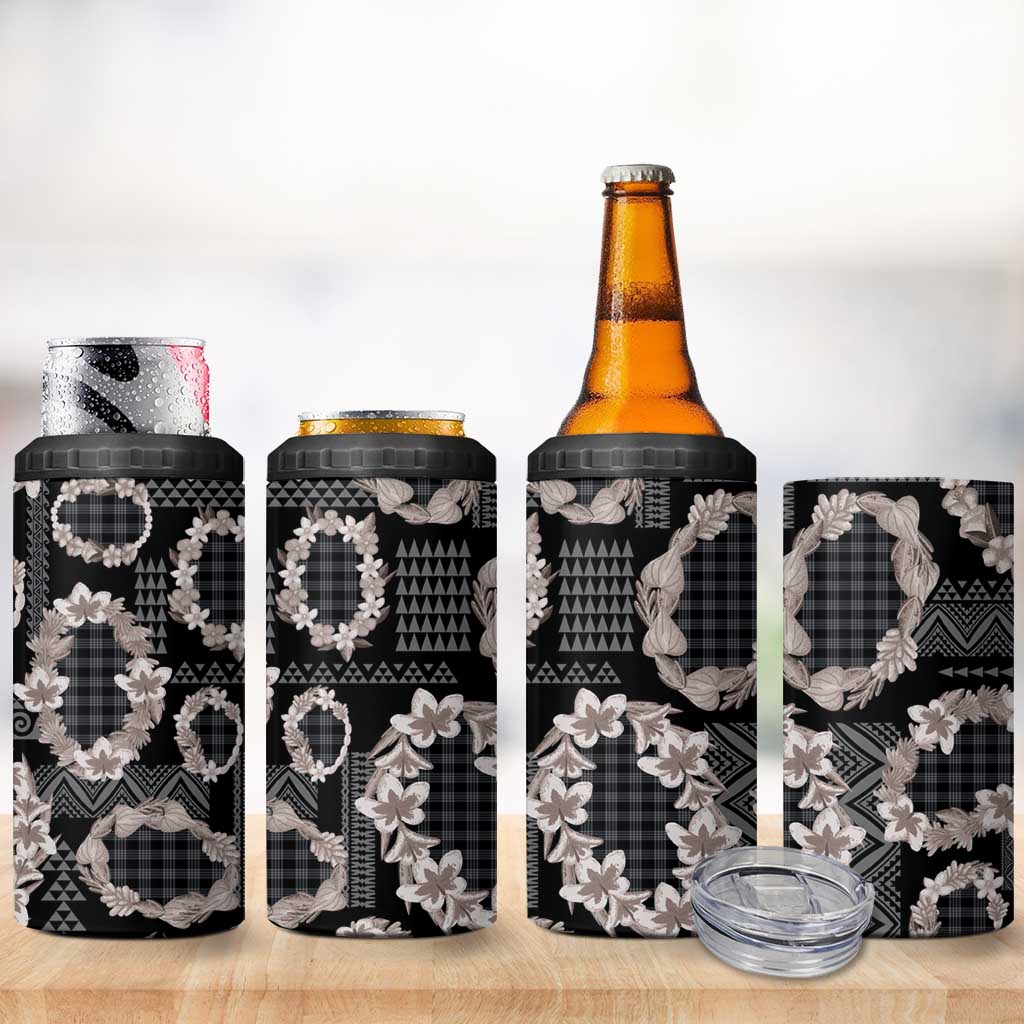 Hawaiian Leis 4 in 1 Can Cooler Tumbler Kakau Tattoos and Palaka Pastel Grayscale