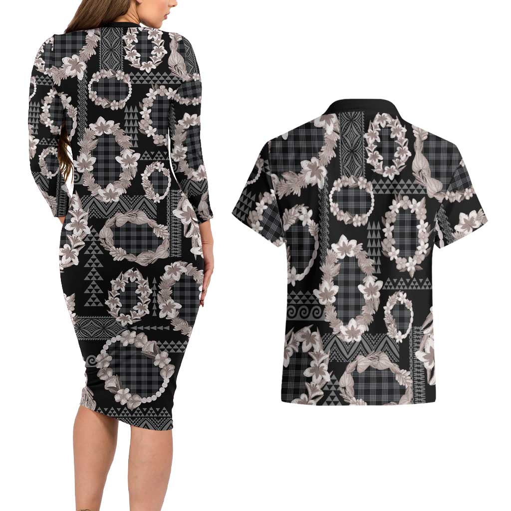 Hawaiian Leis Couples Matching Long Sleeve Bodycon Dress and Hawaiian Shirt Kakau Tattoos and Palaka Pastel Grayscale LT03 - Polynesian Pride