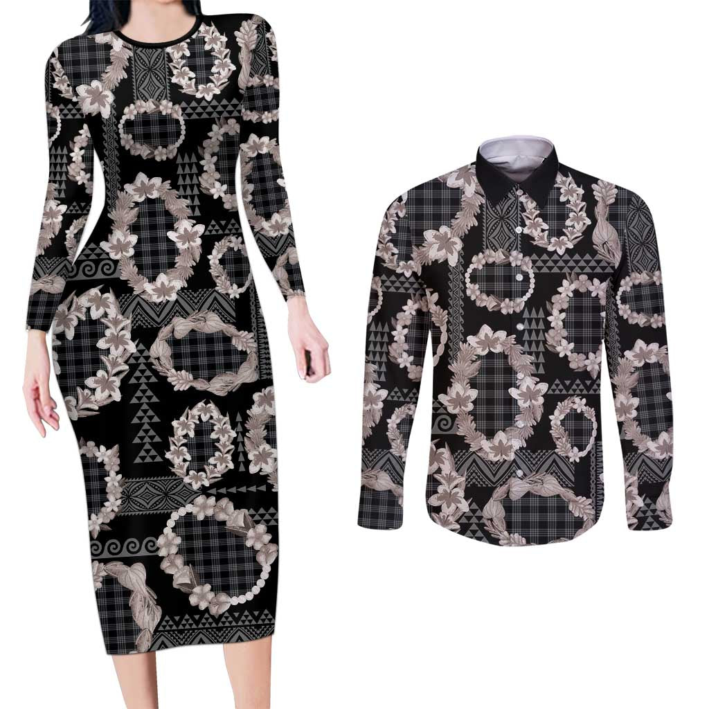 Hawaiian Leis Couples Matching Long Sleeve Bodycon Dress and Long Sleeve Button Shirt Kakau Tattoos and Palaka Pastel Grayscale LT03 Black - Polynesian Pride