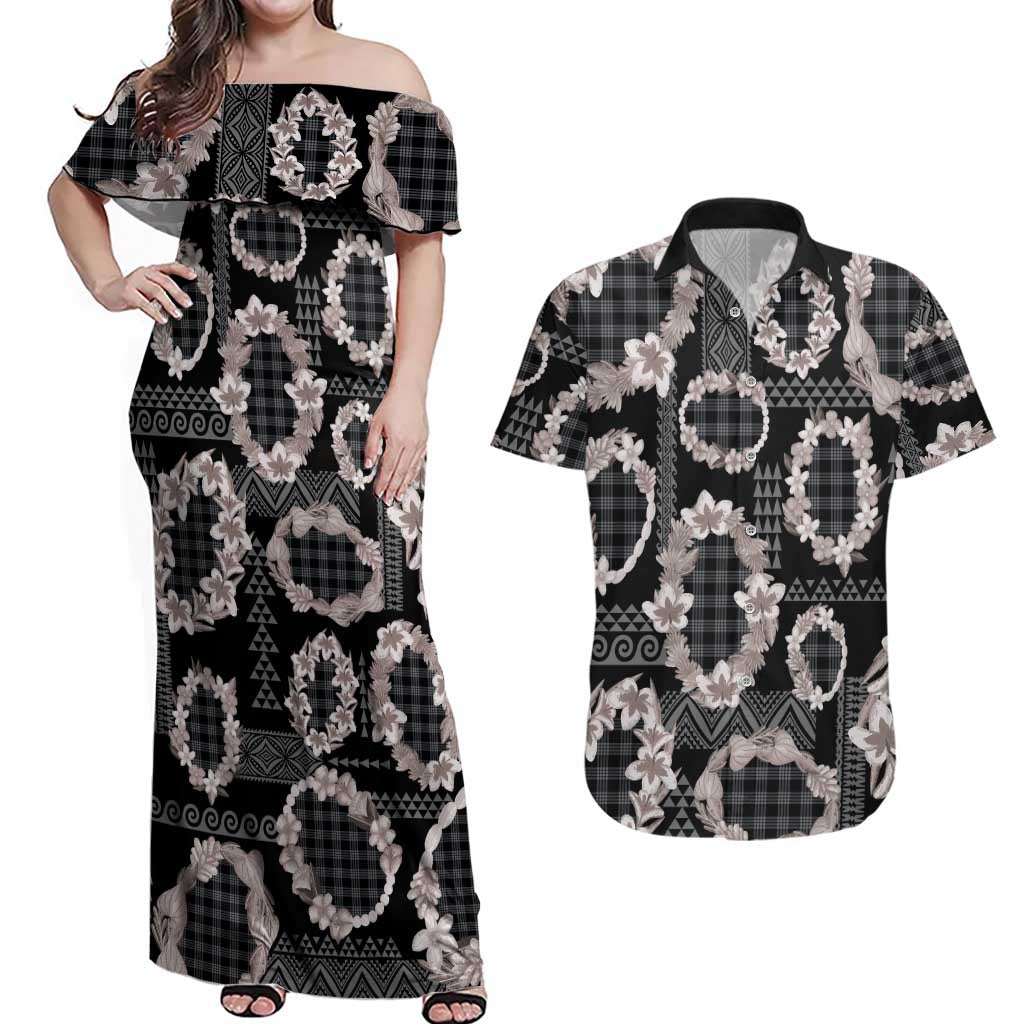 Hawaiian Leis Couples Matching Off Shoulder Maxi Dress and Hawaiian Shirt Kakau Tattoos and Palaka Pastel Grayscale LT03 Black - Polynesian Pride