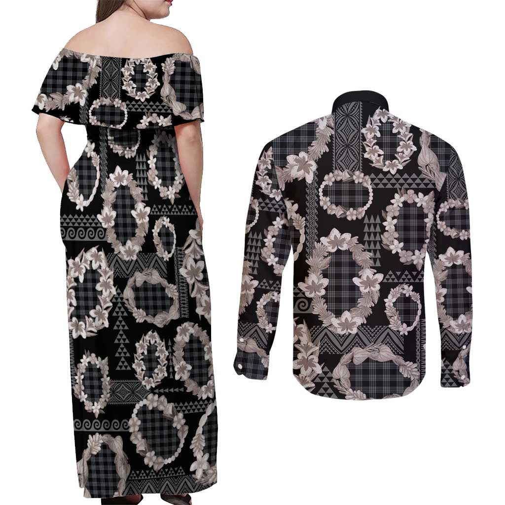 Hawaiian Leis Couples Matching Off Shoulder Maxi Dress and Long Sleeve Button Shirt Kakau Tattoos and Palaka Pastel Grayscale LT03 - Polynesian Pride
