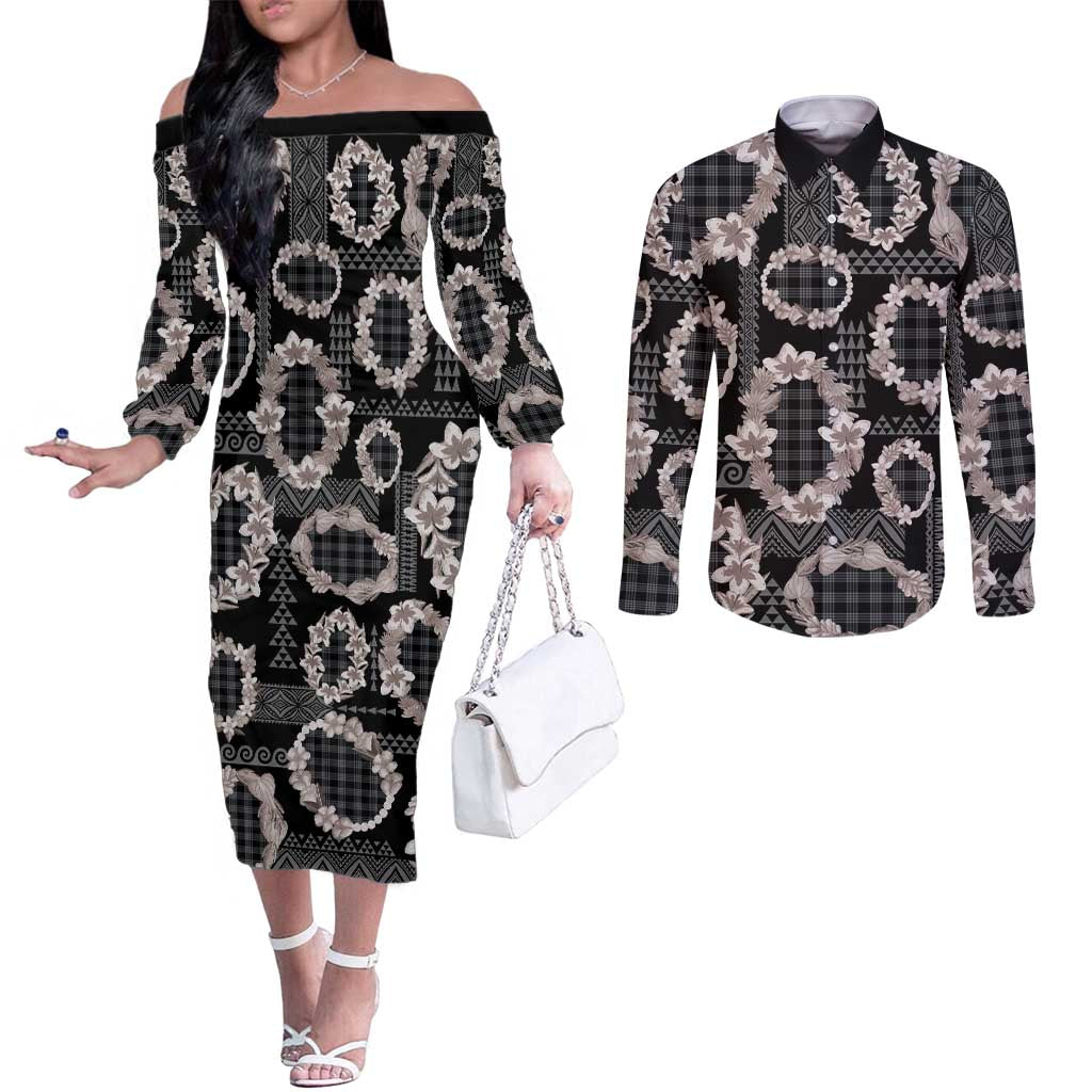 Hawaiian Leis Couples Matching Off The Shoulder Long Sleeve Dress and Long Sleeve Button Shirt Kakau Tattoos and Palaka Pastel Grayscale
