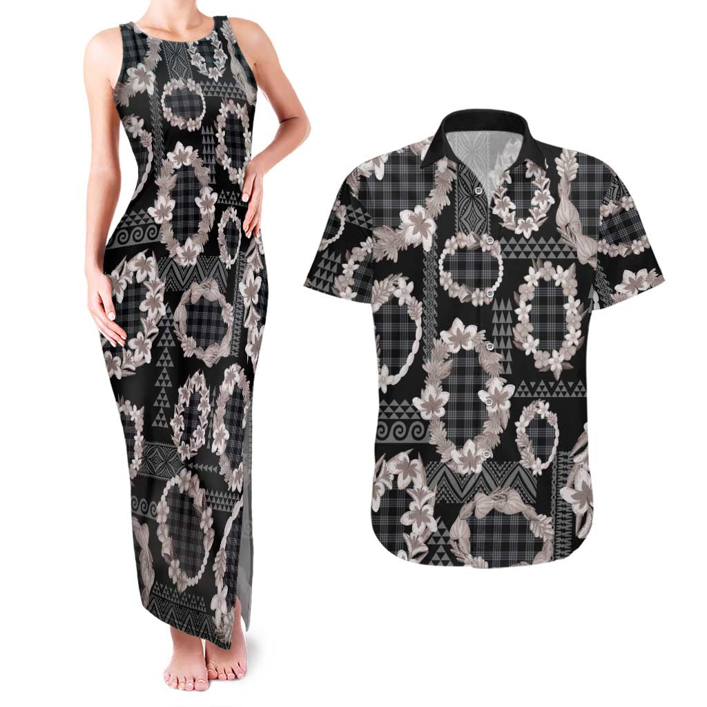 Hawaiian Leis Couples Matching Tank Maxi Dress and Hawaiian Shirt Kakau Tattoos and Palaka Pastel Grayscale LT03 Black - Polynesian Pride