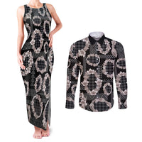 Hawaiian Leis Couples Matching Tank Maxi Dress and Long Sleeve Button Shirt Kakau Tattoos and Palaka Pastel Grayscale LT03 Black - Polynesian Pride