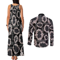 Hawaiian Leis Couples Matching Tank Maxi Dress and Long Sleeve Button Shirt Kakau Tattoos and Palaka Pastel Grayscale LT03 - Polynesian Pride