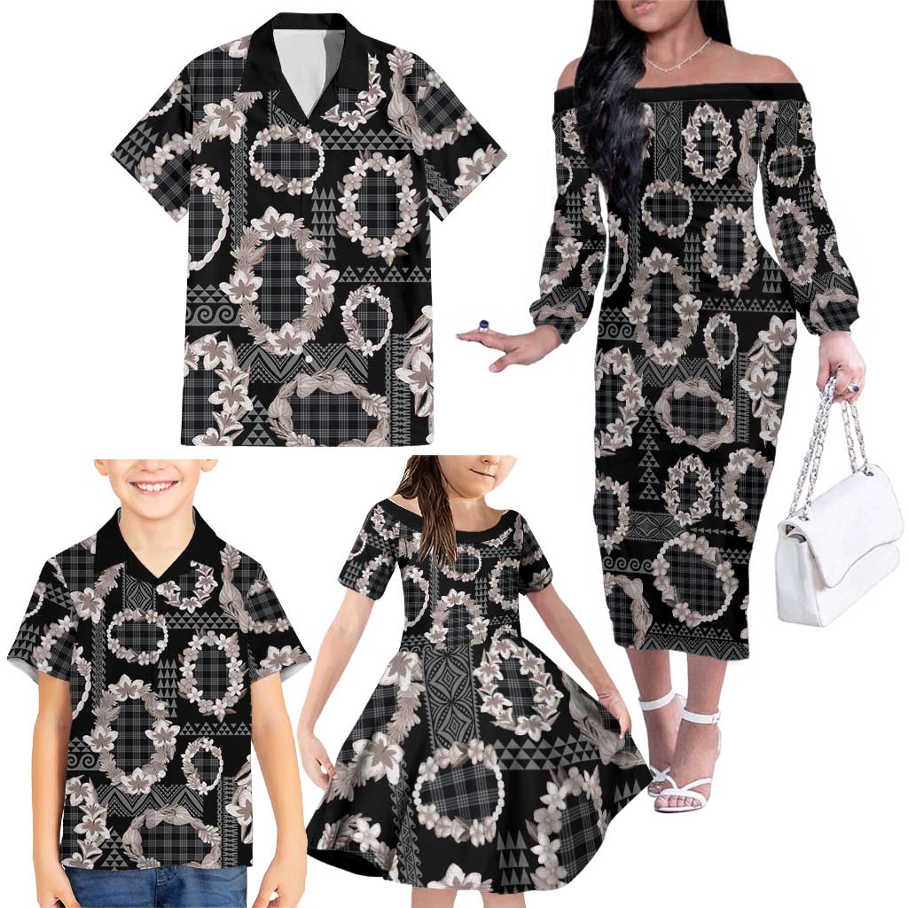 Hawaiian Leis Family Matching Off The Shoulder Long Sleeve Dress and Hawaiian Shirt Kakau Tattoos and Palaka Pastel Grayscale LT03 - Polynesian Pride