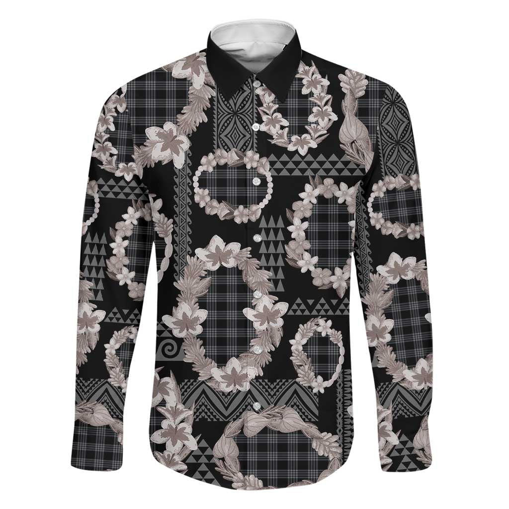 Hawaiian Leis Family Matching Off Shoulder Maxi Dress and Hawaiian Shirt Kakau Tattoos and Palaka Pastel Grayscale LT03 Dad's Shirt - Long Sleeve Black - Polynesian Pride