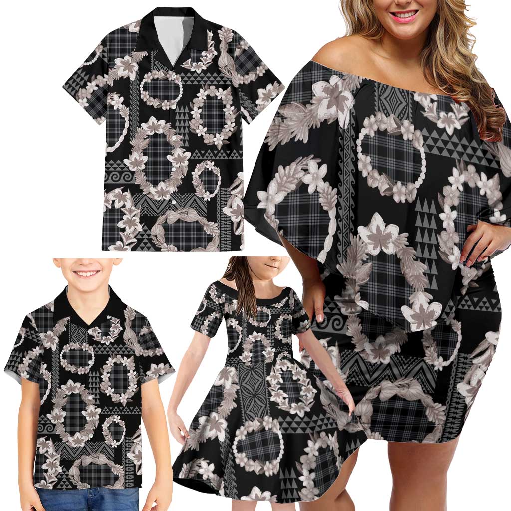 Hawaiian Leis Family Matching Off Shoulder Short Dress and Hawaiian Shirt Kakau Tattoos and Palaka Pastel Grayscale