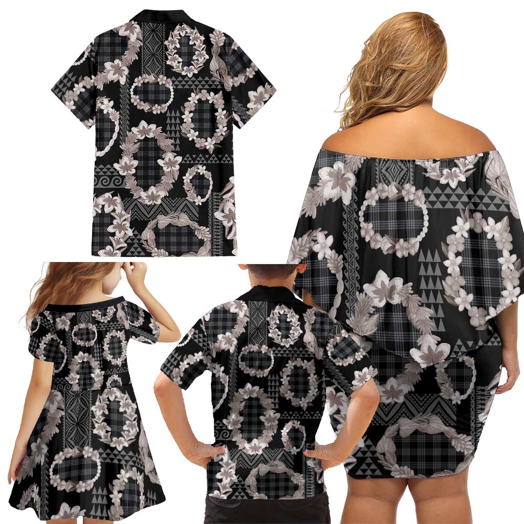 Hawaiian Leis Family Matching Off Shoulder Short Dress and Hawaiian Shirt Kakau Tattoos and Palaka Pastel Grayscale LT03 - Polynesian Pride