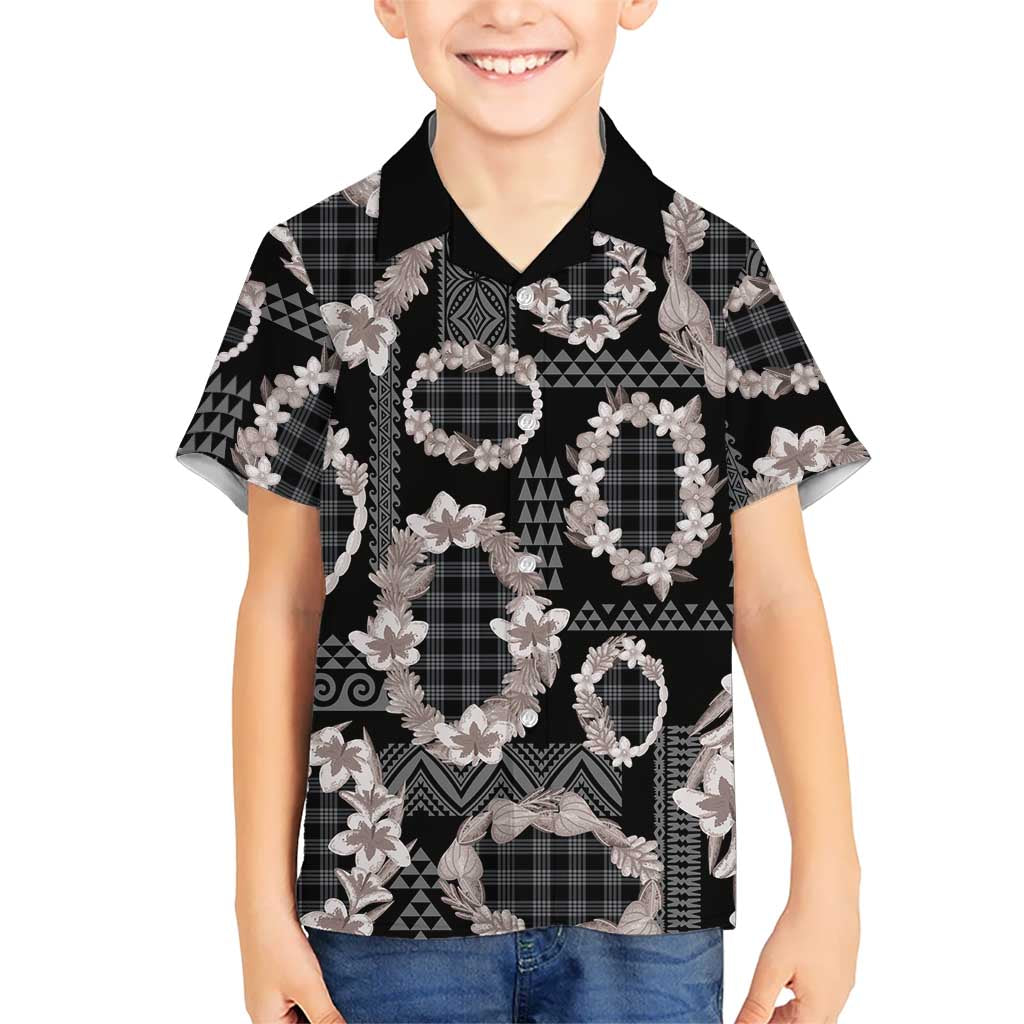 Hawaiian Leis Family Matching Off Shoulder Short Dress and Hawaiian Shirt Kakau Tattoos and Palaka Pastel Grayscale LT03 Son's Shirt Black - Polynesian Pride