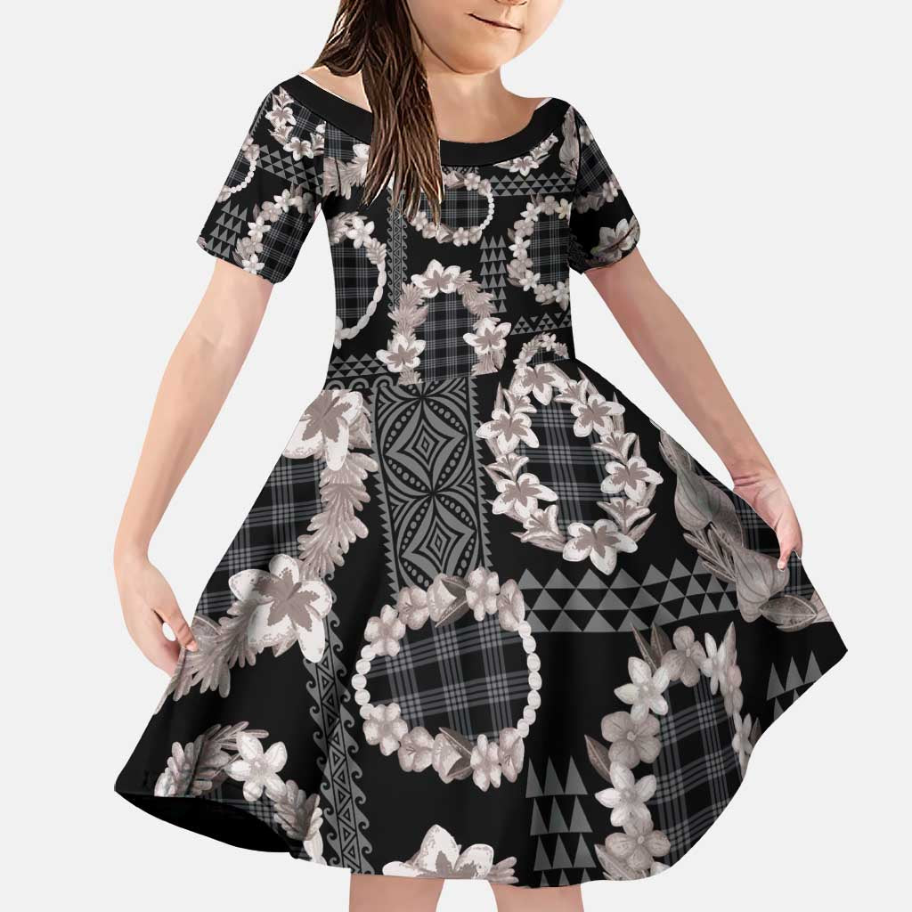 Hawaiian Leis Family Matching Short Sleeve Bodycon Dress and Hawaiian Shirt Kakau Tattoos and Palaka Pastel Grayscale LT03 Daughter's Dress Black - Polynesian Pride