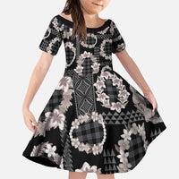 Hawaiian Leis Family Matching Short Sleeve Bodycon Dress and Hawaiian Shirt Kakau Tattoos and Palaka Pastel Grayscale LT03 Daughter's Dress Black - Polynesian Pride