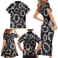 Hawaiian Leis Family Matching Short Sleeve Bodycon Dress and Hawaiian Shirt Kakau Tattoos and Palaka Pastel Grayscale LT03 - Polynesian Pride