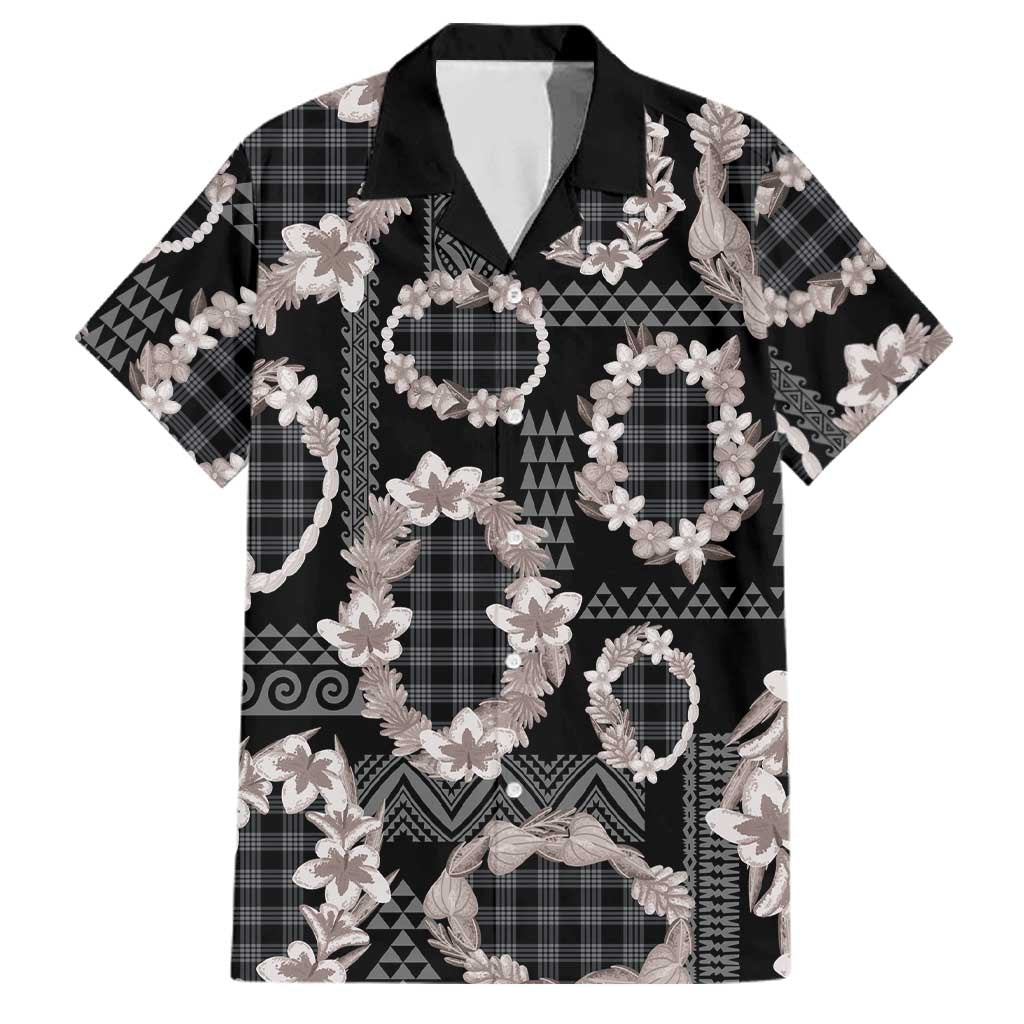 Hawaiian Leis Family Matching Short Sleeve Bodycon Dress and Hawaiian Shirt Kakau Tattoos and Palaka Pastel Grayscale LT03 Dad's Shirt - Short Sleeve Black - Polynesian Pride