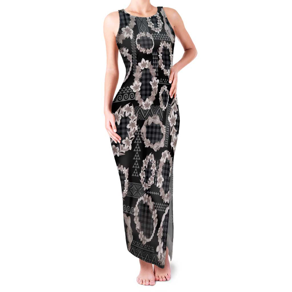 Hawaiian Leis Family Matching Tank Maxi Dress and Hawaiian Shirt Kakau Tattoos and Palaka Pastel Grayscale LT03 Mom's Dress Black - Polynesian Pride