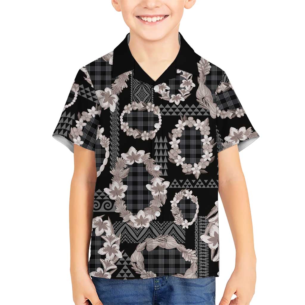 Hawaiian Leis Kid Hawaiian Shirt Kakau Tattoos and Palaka Pastel Grayscale LT03 Kid Black - Polynesian Pride