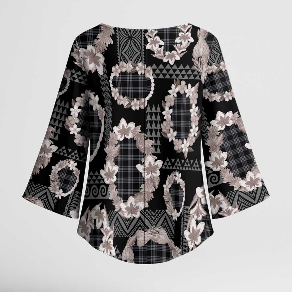 Hawaiian Leis Kimono Sleeve Blouse Kakau Tattoos and Palaka Pastel Grayscale