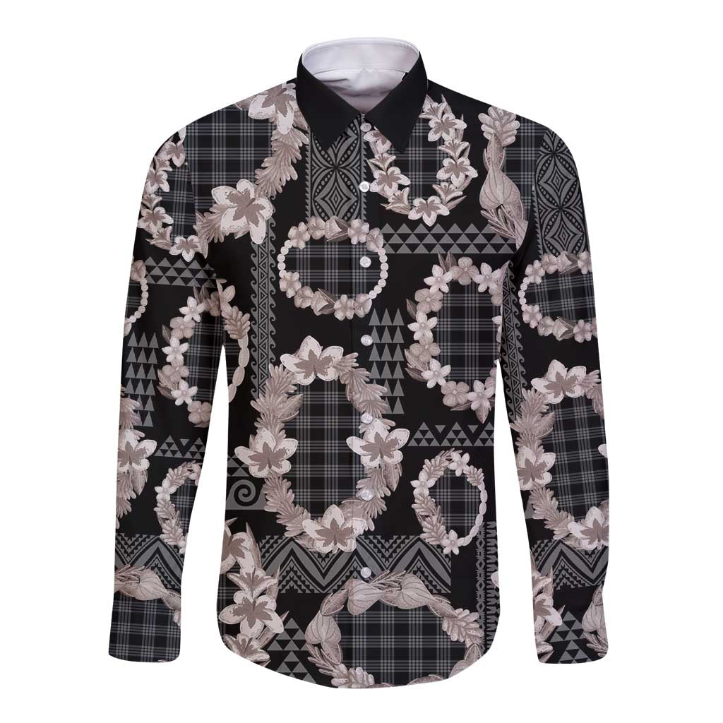 Hawaiian Leis Long Sleeve Button Shirt Kakau Tattoos and Palaka Pastel Grayscale