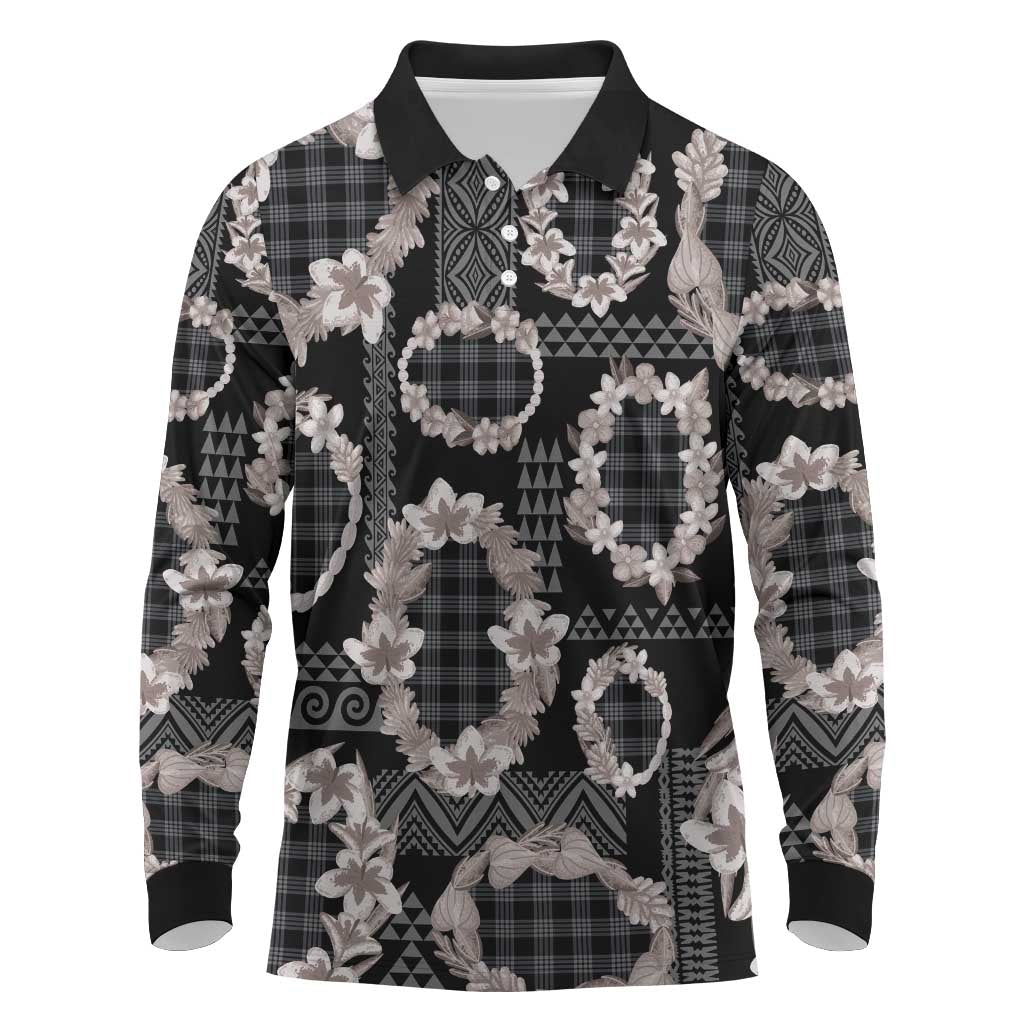 Hawaiian Leis Long Sleeve Polo Shirt Kakau Tattoos and Palaka Pastel Grayscale