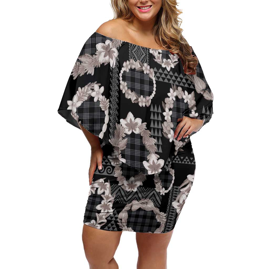 Hawaiian Leis Off Shoulder Short Dress Kakau Tattoos and Palaka Pastel Grayscale