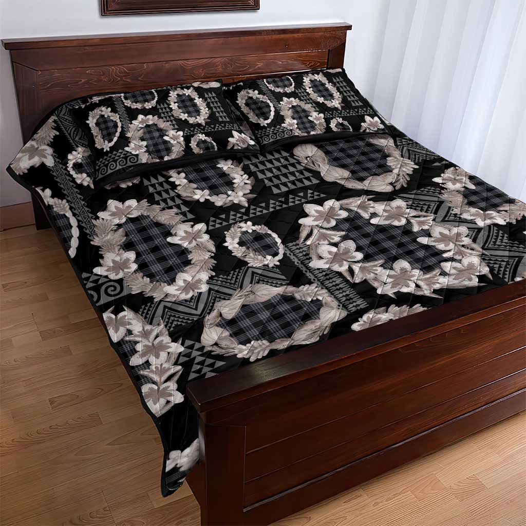Hawaiian Leis Quilt Bed Set Kakau Tattoos and Palaka Pastel Grayscale
