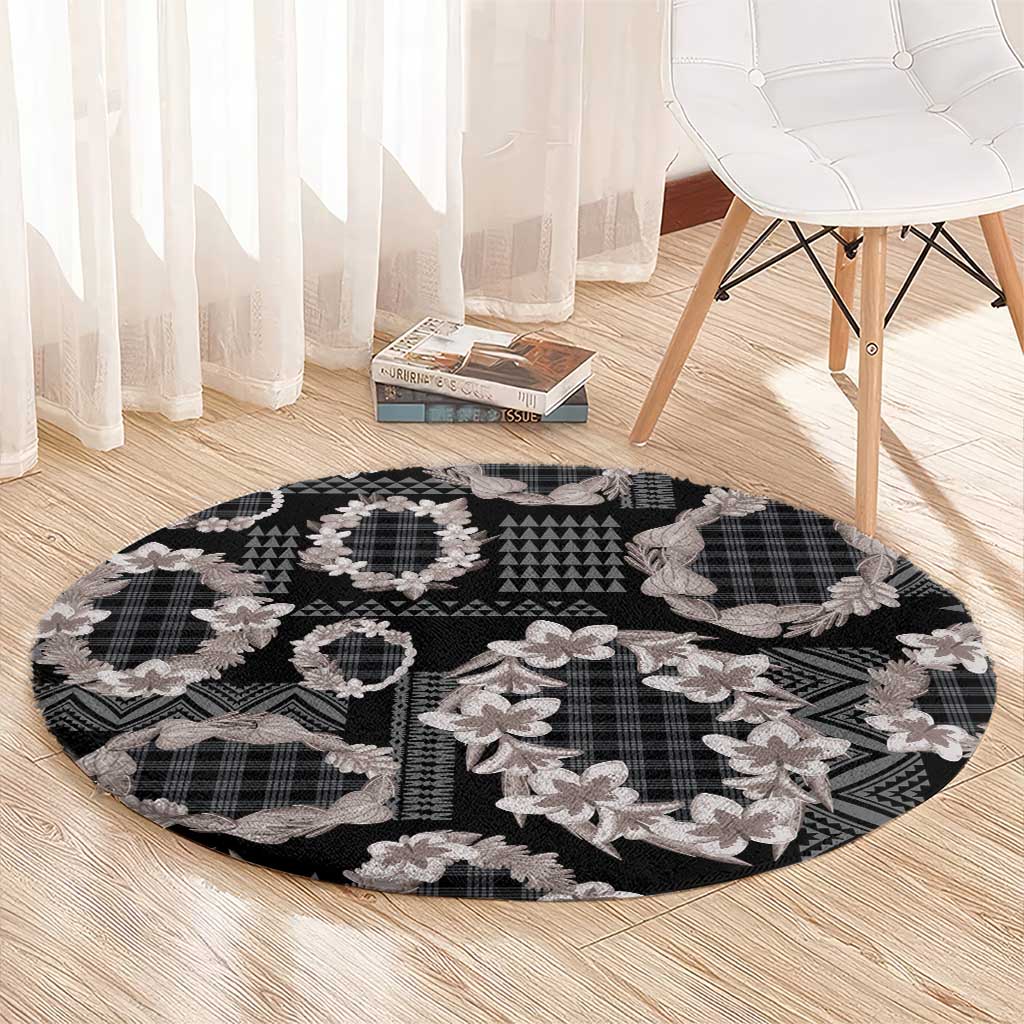 Hawaiian Leis Round Carpet Kakau Tattoos and Palaka Pastel Grayscale