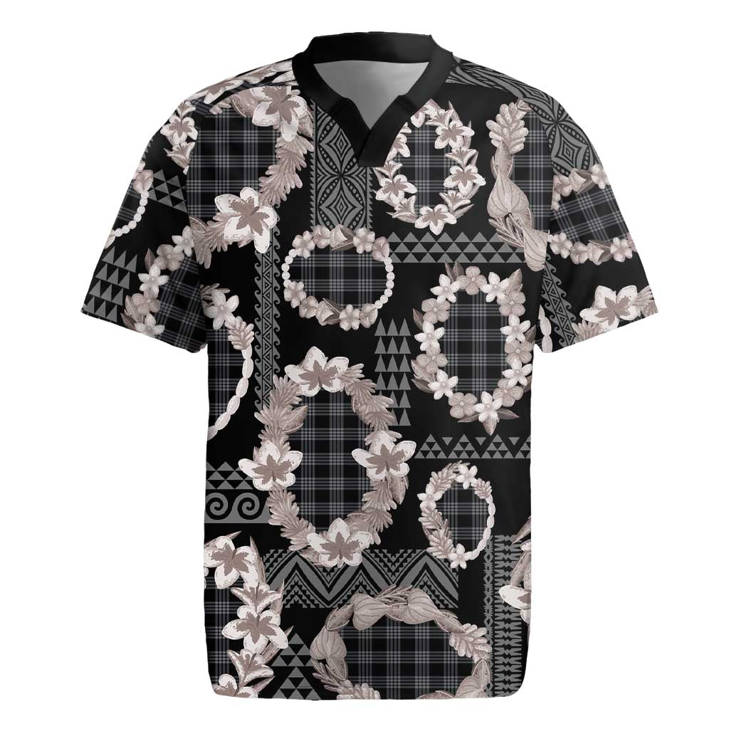 Hawaiian Leis Rugby Jersey Kakau Tattoos and Palaka Pastel Grayscale LT03 Black - Polynesian Pride