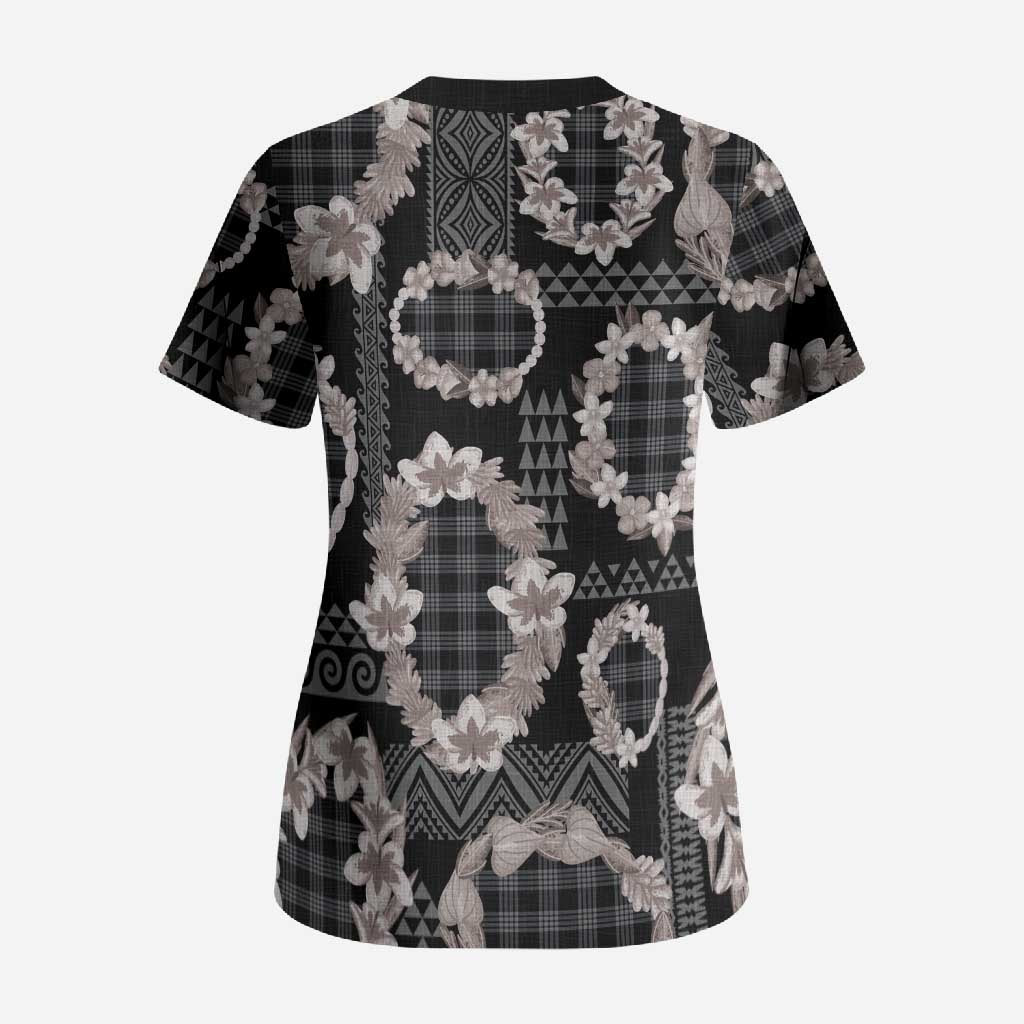 Hawaiian Leis Scrub Top Kakau Tattoos and Palaka Pastel Grayscale
