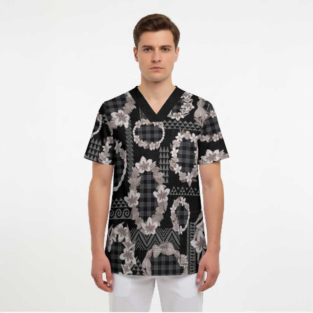 Hawaiian Leis Scrub Top Kakau Tattoos and Palaka Pastel Grayscale