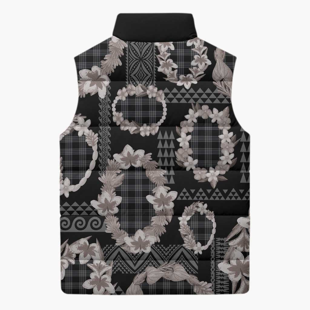 Hawaiian Leis Sleeveless Puffer Jacket Kakau Tattoos and Palaka Pastel Grayscale