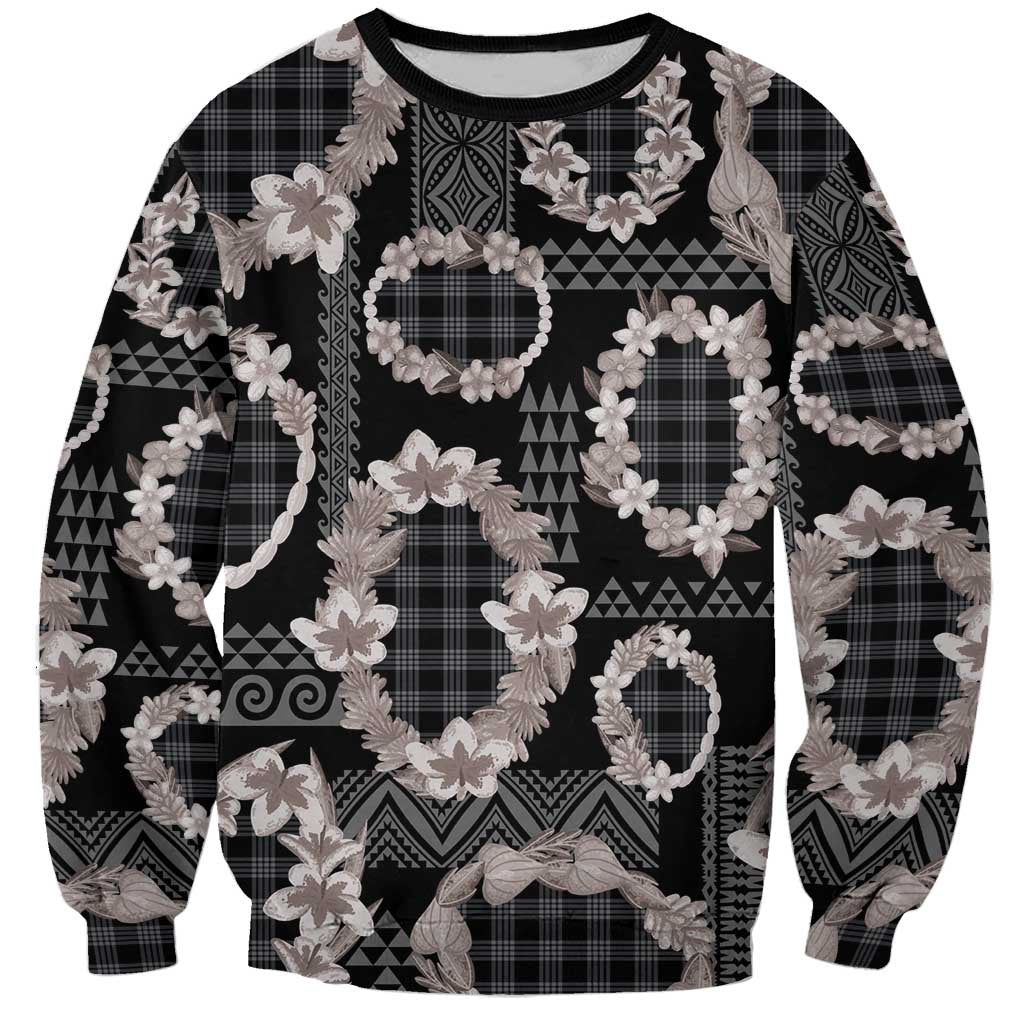 Hawaiian Leis Sweatshirt Kakau Tattoos and Palaka Pastel Grayscale LT03 Unisex Black - Polynesian Pride
