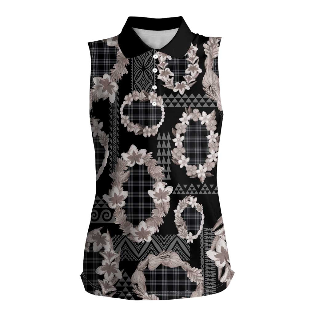 Hawaiian Leis Women Sleeveless Polo Shirt Kakau Tattoos and Palaka Pastel Grayscale LT03 Female Black - Polynesian Pride
