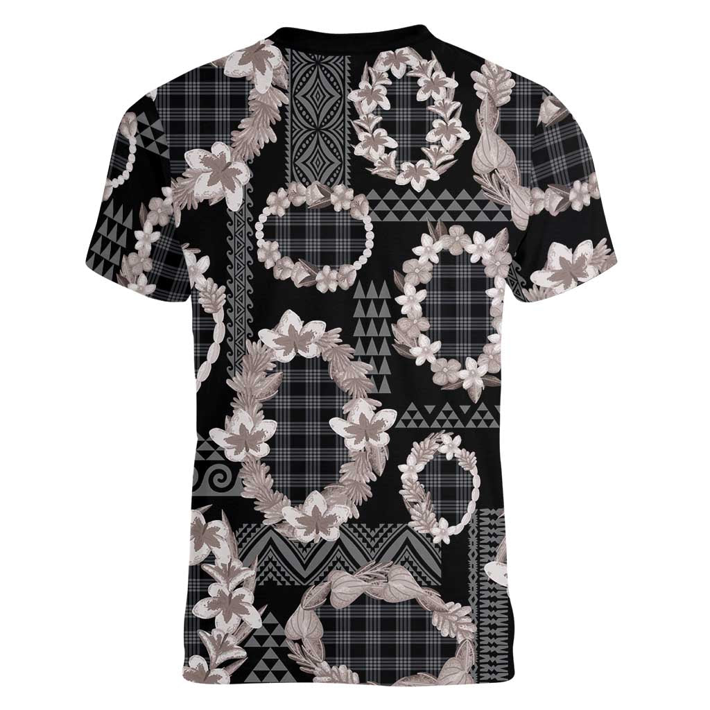Hawaiian Leis Women V-Neck T-Shirt Kakau Tattoos and Palaka Pastel Grayscale LT03 - Polynesian Pride