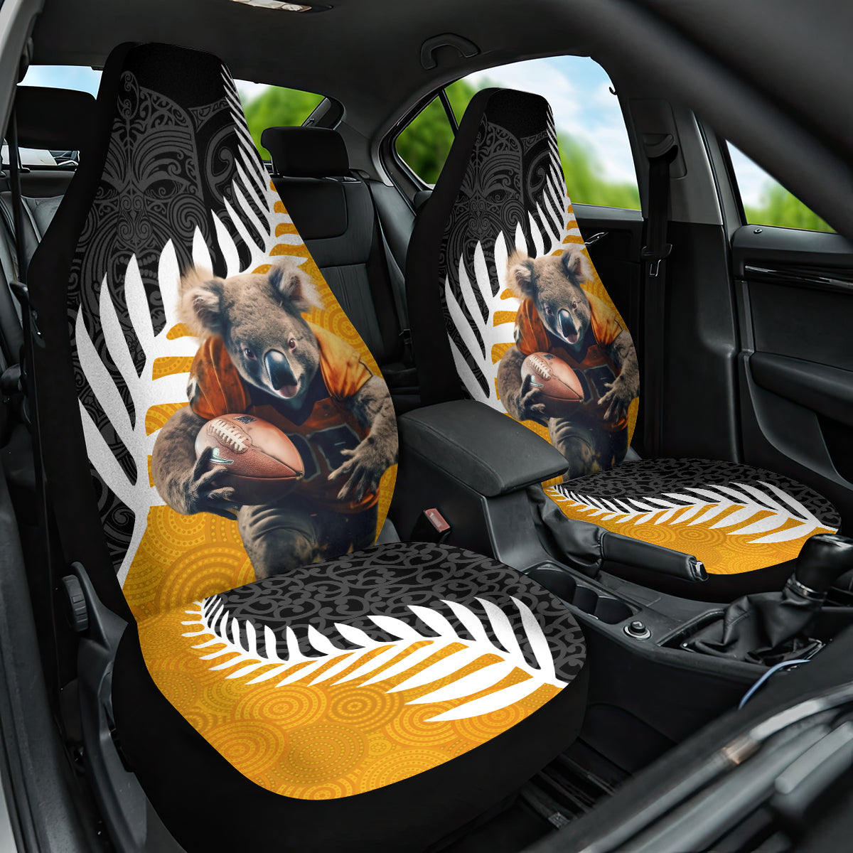 New Zealand and Australia Rugby Car Seat Cover Koala and Maori Warrior Together LT03 One Size Black - Polynesian Pride