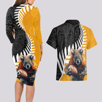 New Zealand and Australia Rugby Couples Matching Long Sleeve Bodycon Dress and Hawaiian Shirt Koala and Maori Warrior Together LT03 - Polynesian Pride
