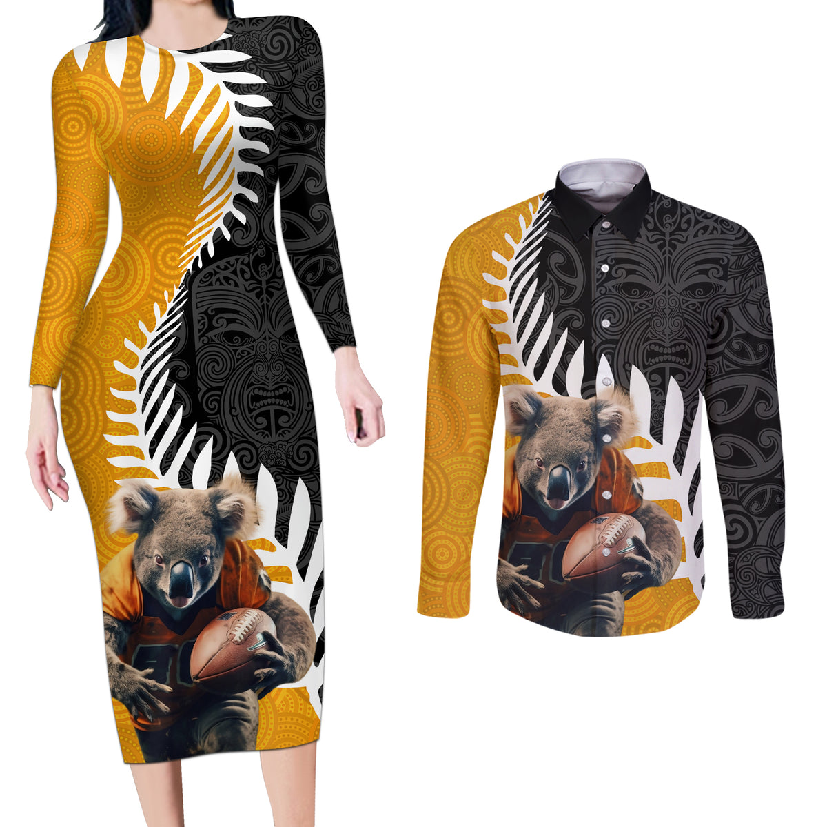 New Zealand and Australia Rugby Couples Matching Long Sleeve Bodycon Dress and Long Sleeve Button Shirt Koala and Maori Warrior Together LT03 Black - Polynesian Pride