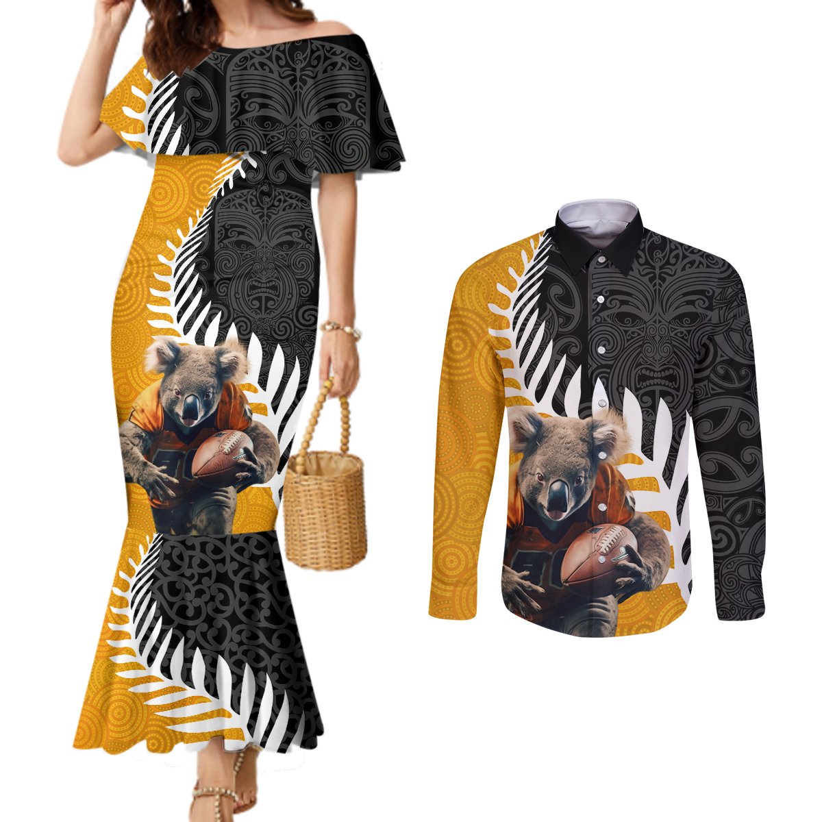 New Zealand and Australia Rugby Couples Matching Mermaid Dress and Long Sleeve Button Shirt Koala and Maori Warrior Together LT03 Black - Polynesian Pride