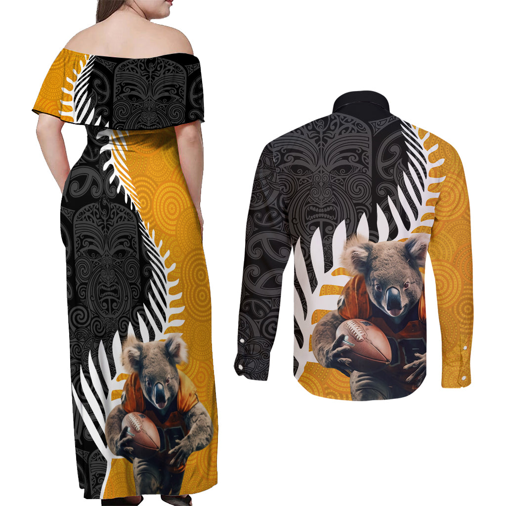 New Zealand and Australia Rugby Couples Matching Off Shoulder Maxi Dress and Long Sleeve Button Shirt Koala and Maori Warrior Together LT03 - Polynesian Pride