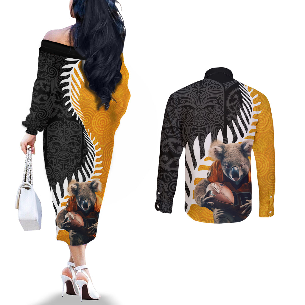 New Zealand and Australia Rugby Couples Matching Off The Shoulder Long Sleeve Dress and Long Sleeve Button Shirt Koala and Maori Warrior Together LT03 - Polynesian Pride