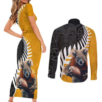 New Zealand and Australia Rugby Couples Matching Short Sleeve Bodycon Dress and Long Sleeve Button Shirt Koala and Maori Warrior Together LT03 - Polynesian Pride