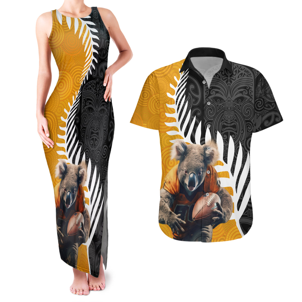 New Zealand and Australia Rugby Couples Matching Tank Maxi Dress and Hawaiian Shirt Koala and Maori Warrior Together LT03 Black - Polynesian Pride
