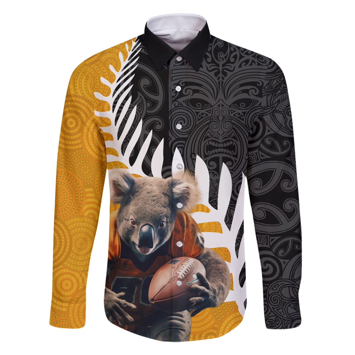 New Zealand and Australia Rugby Family Matching Long Sleeve Bodycon Dress and Hawaiian Shirt Koala and Maori Warrior Together LT03 Dad's Shirt - Long Sleeve Black - Polynesian Pride