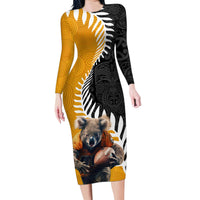 New Zealand and Australia Rugby Family Matching Long Sleeve Bodycon Dress and Hawaiian Shirt Koala and Maori Warrior Together LT03 Mom's Dress Black - Polynesian Pride