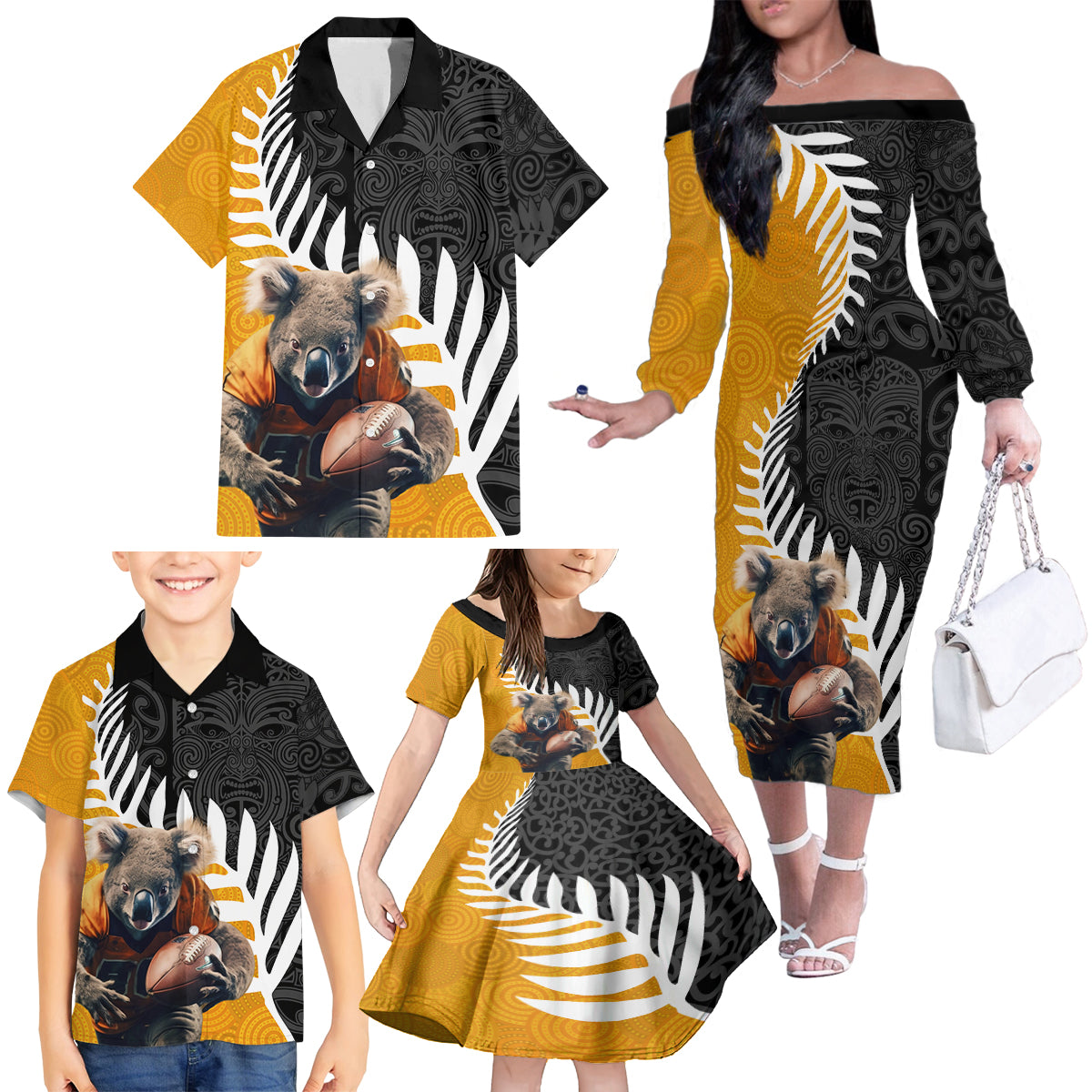 New Zealand and Australia Rugby Family Matching Off The Shoulder Long Sleeve Dress and Hawaiian Shirt Koala and Maori Warrior Together LT03 - Polynesian Pride