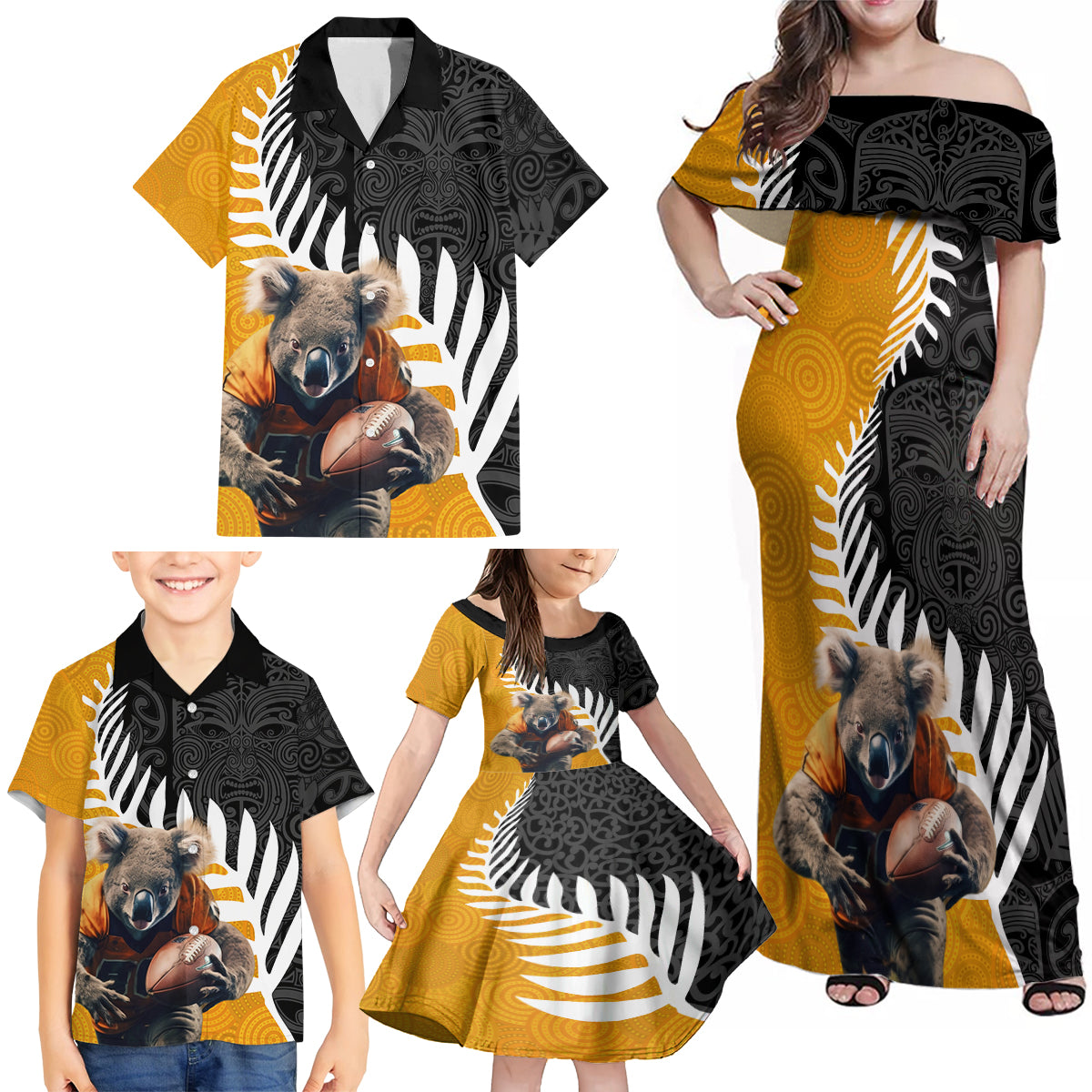 New Zealand and Australia Rugby Family Matching Off Shoulder Maxi Dress and Hawaiian Shirt Koala and Maori Warrior Together LT03 - Polynesian Pride