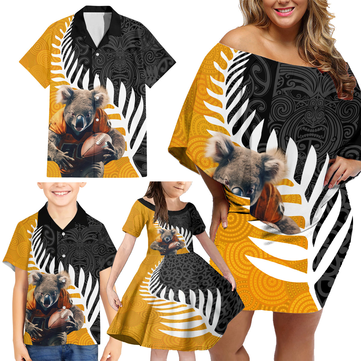 New Zealand and Australia Rugby Family Matching Off Shoulder Short Dress and Hawaiian Shirt Koala and Maori Warrior Together LT03 - Polynesian Pride