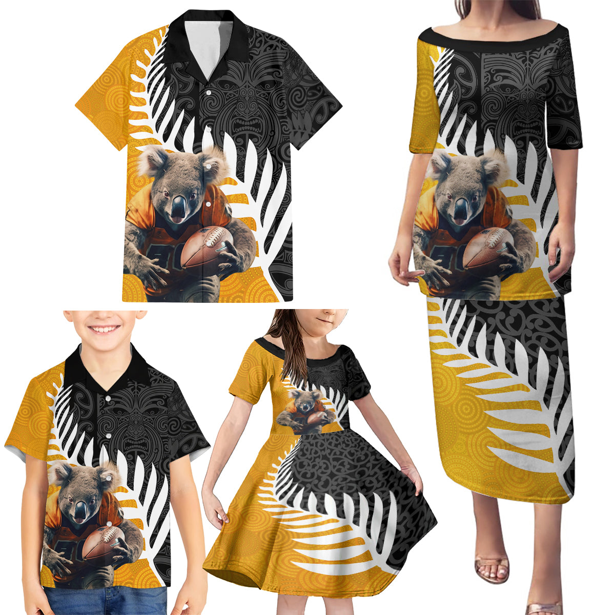 New Zealand and Australia Rugby Family Matching Puletasi and Hawaiian Shirt Koala and Maori Warrior Together LT03 - Polynesian Pride