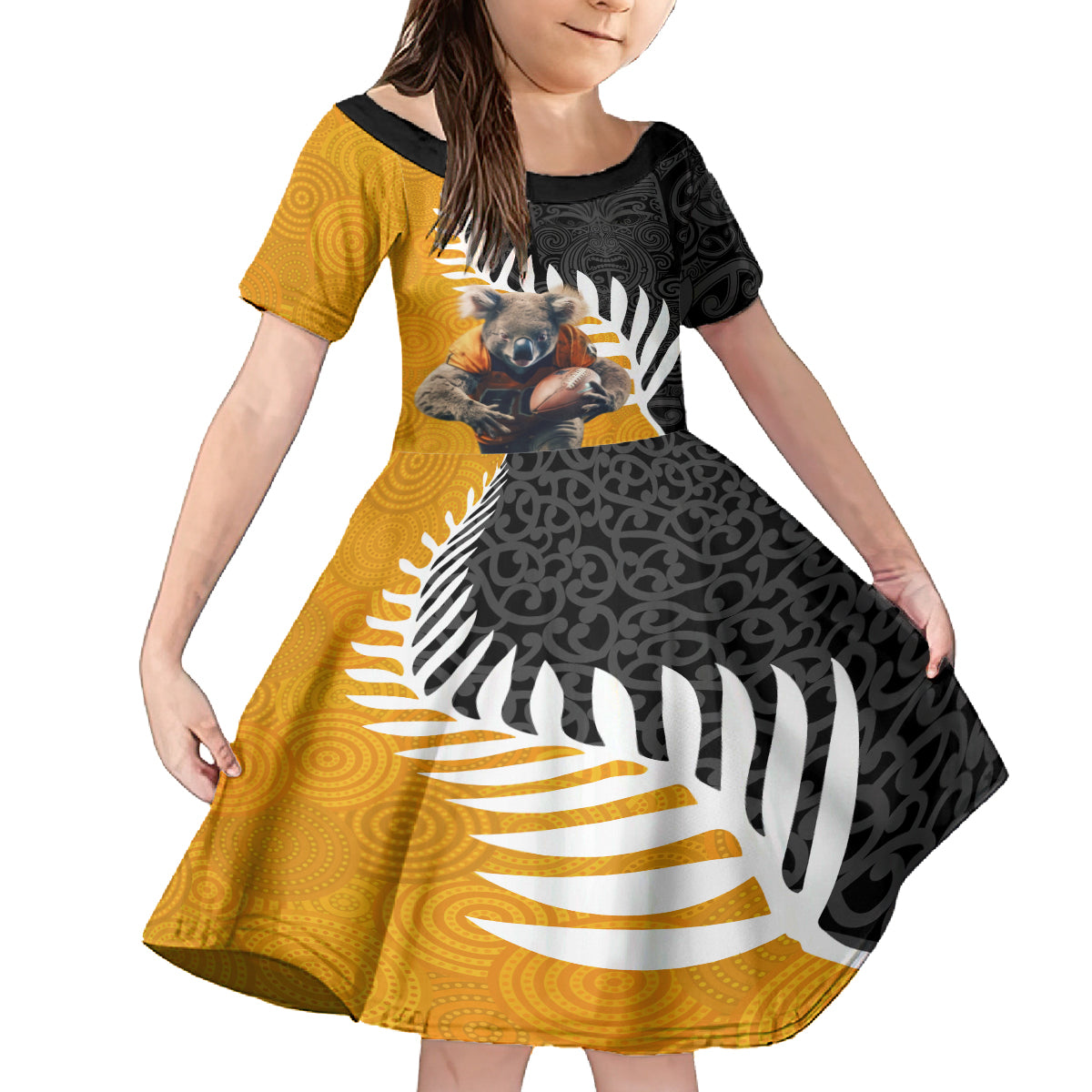 New Zealand and Australia Rugby Family Matching Summer Maxi Dress and Hawaiian Shirt Koala and Maori Warrior Together LT03 Daughter's Dress Black - Polynesian Pride