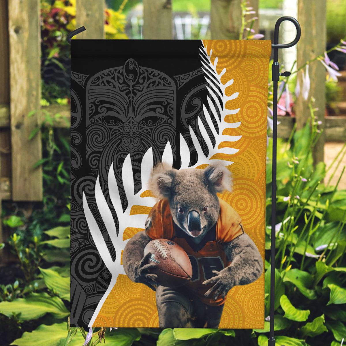 New Zealand and Australia Rugby Garden Flag Koala and Maori Warrior Together LT03 Garden Flag Black - Polynesian Pride